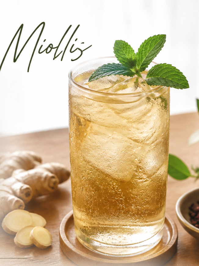 Petites bouteilles en verre aux plantes vertes infusées sur fond bois.